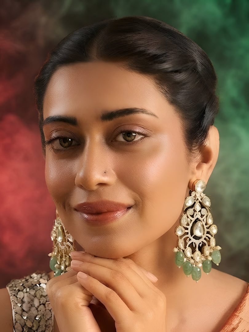 Green Beads Peacock Design Statement Earrings