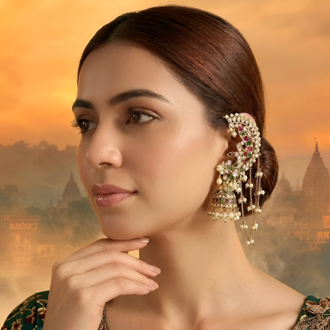 Designer Kundan Ear Cuff Jhumka Earrings with Pearl Chains | Bridal Statement Earrings