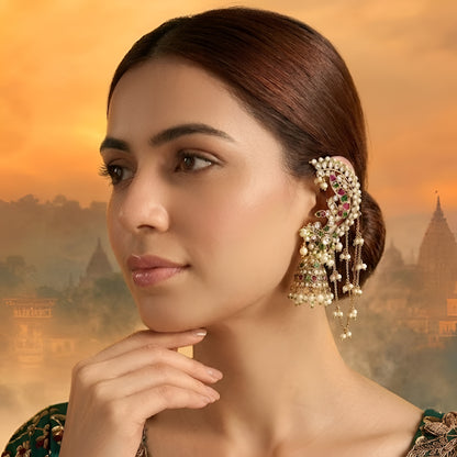 Designer Kundan Ear Cuff Jhumka Earrings with Pearl Chains | Bridal Statement Earrings