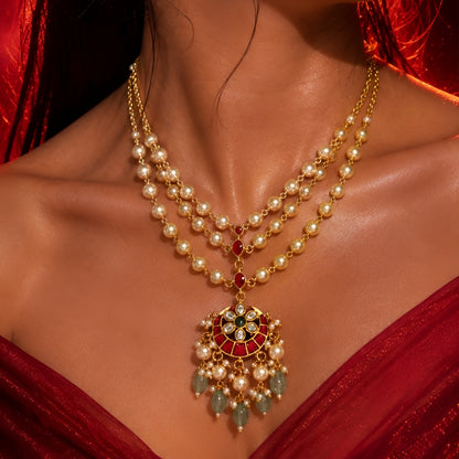 Layered pearl necklace with Kundan ruby pendant, gold-plated bridal jewellery