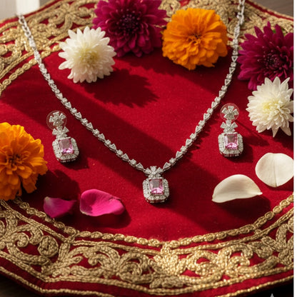 Elegant diamond-style necklace and earring set for weddings and special occasions.