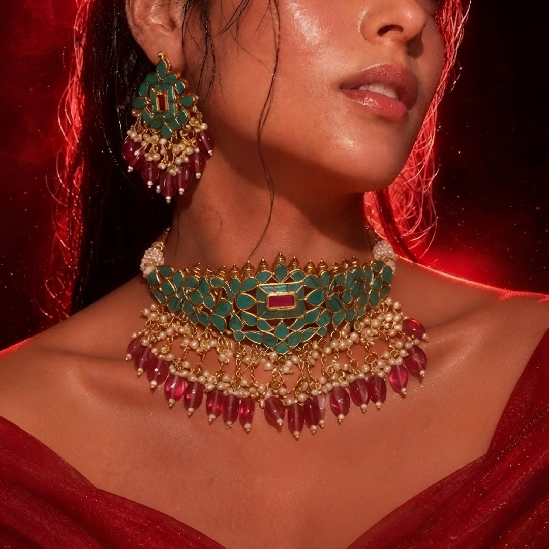 "Turquoise stone choker necklace set with pink bead drops and pearl strands"