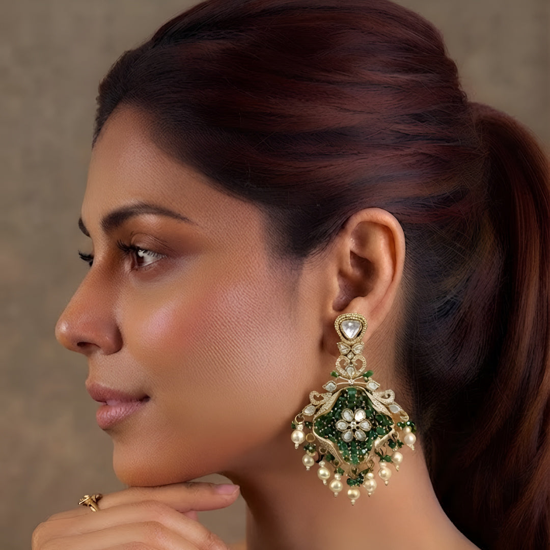 Green Polki Chandbali Earrings for Women | Gold Plated Kundan Pearl Drop Bridal Statement Earrings