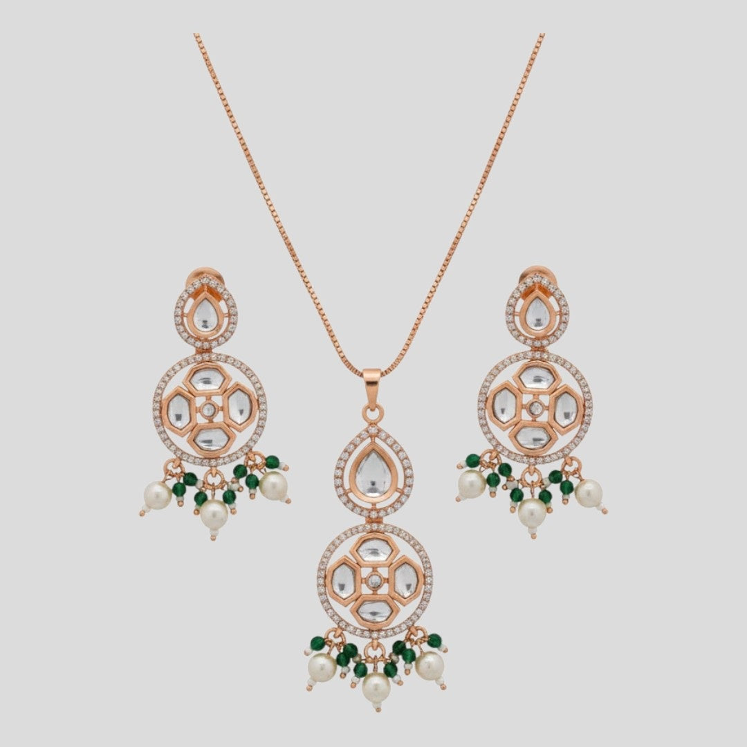 Traditional Kundan-Style Necklace & Earrings Set with Pearl and Green Bead Drops – Rose Gold Finish