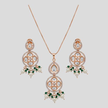 Traditional Kundan-Style Necklace & Earrings Set with Pearl and Green Bead Drops – Rose Gold Finish