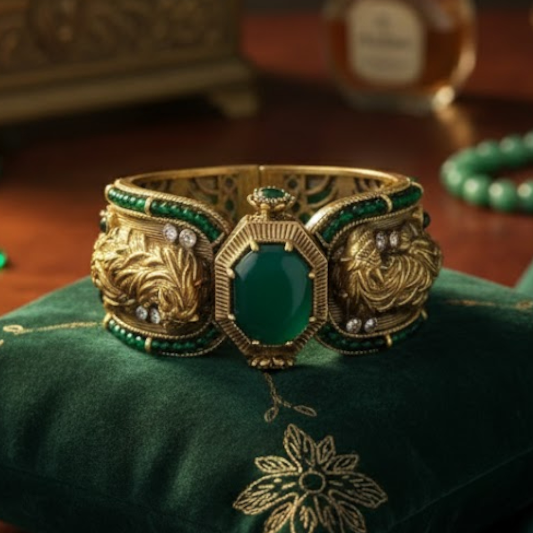 Antique Gold-Plated Green Stone Statement Cuff Bracelet for Women