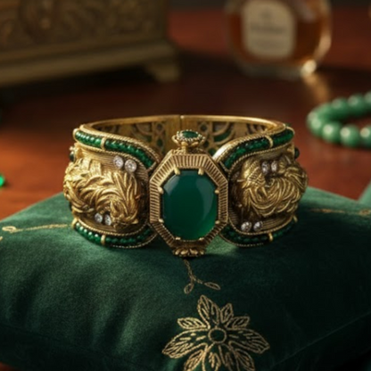 Antique Gold-Plated Green Stone Statement Cuff Bracelet for Women