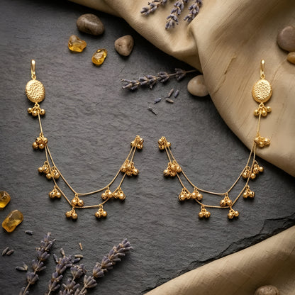 Traditional gold plated dual-layer Kaan Chain with ghungroo charms for women, lightweight bridal ear support chain for weddings, festive occasions, and ethnic wear.