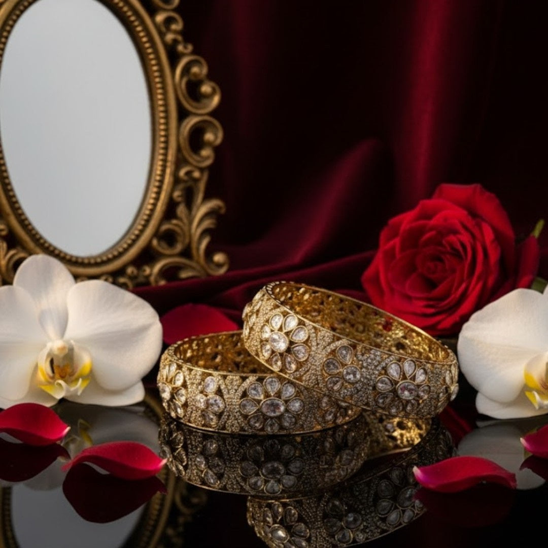 Gold-plated Kundan floral bangles with white stones for women – perfect for weddings and traditional wear