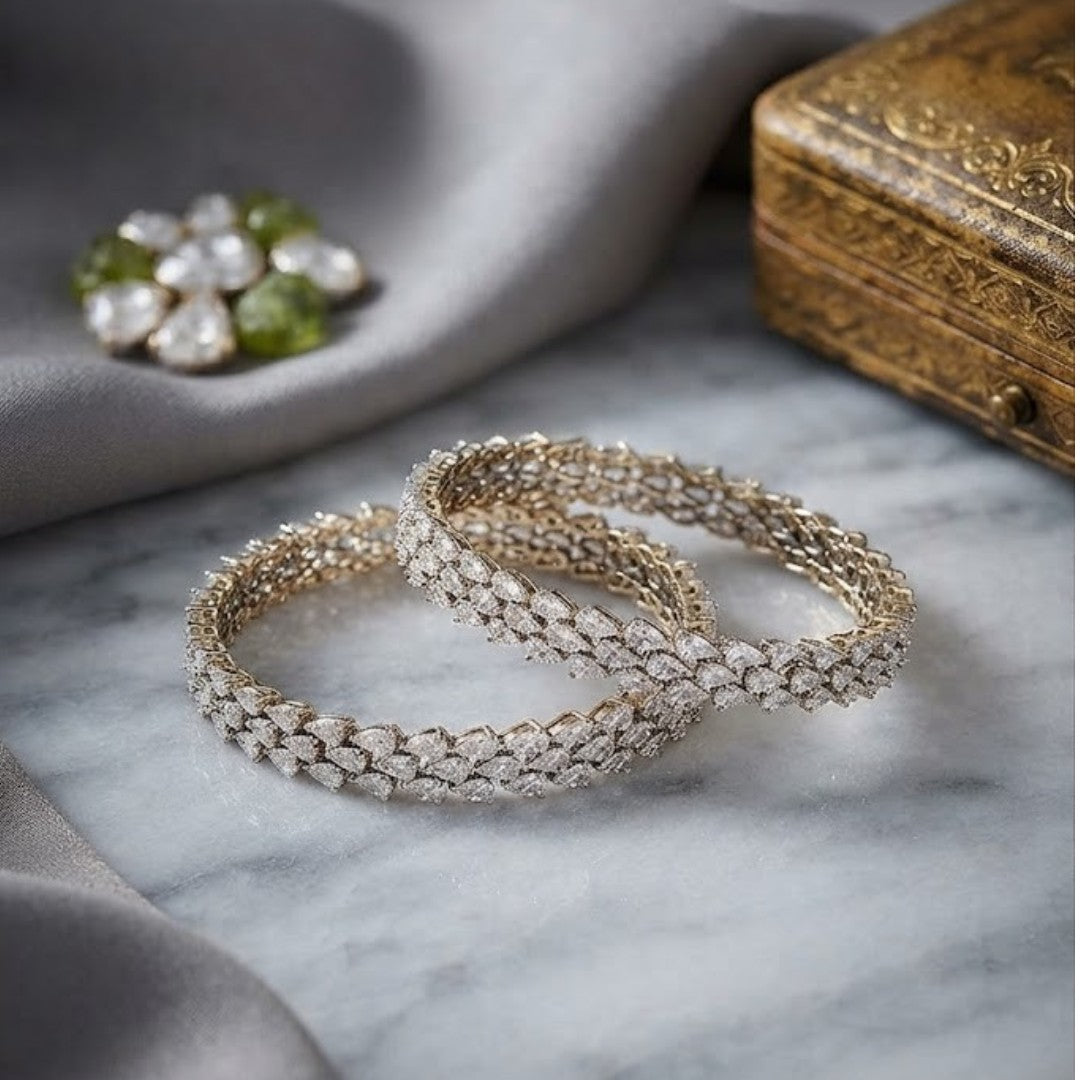 Silver tone AD studded designer bangle bracelet set with sparkling white stones