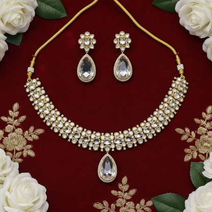 White Stone Teardrop Gold-Plated Bridal Necklace Set