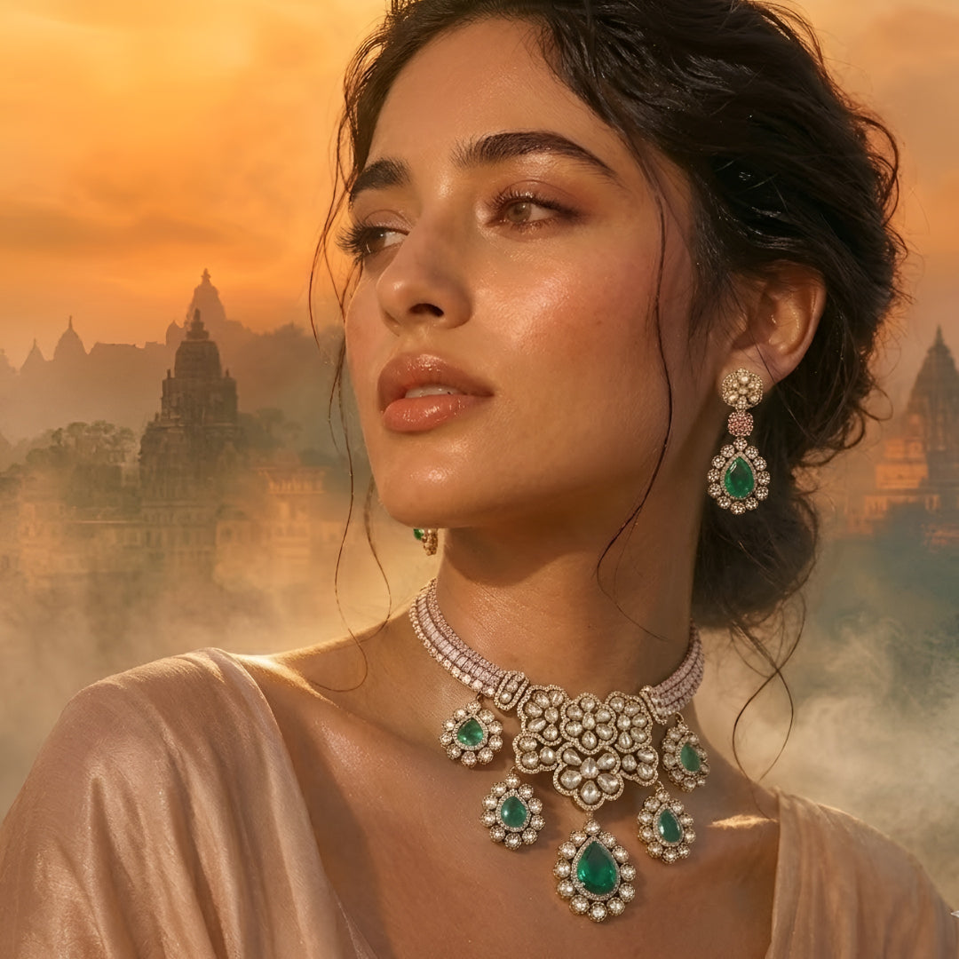 Traditional emerald green kundan choker necklace set with floral motifs and matching drop earrings for bridal and festive wear.