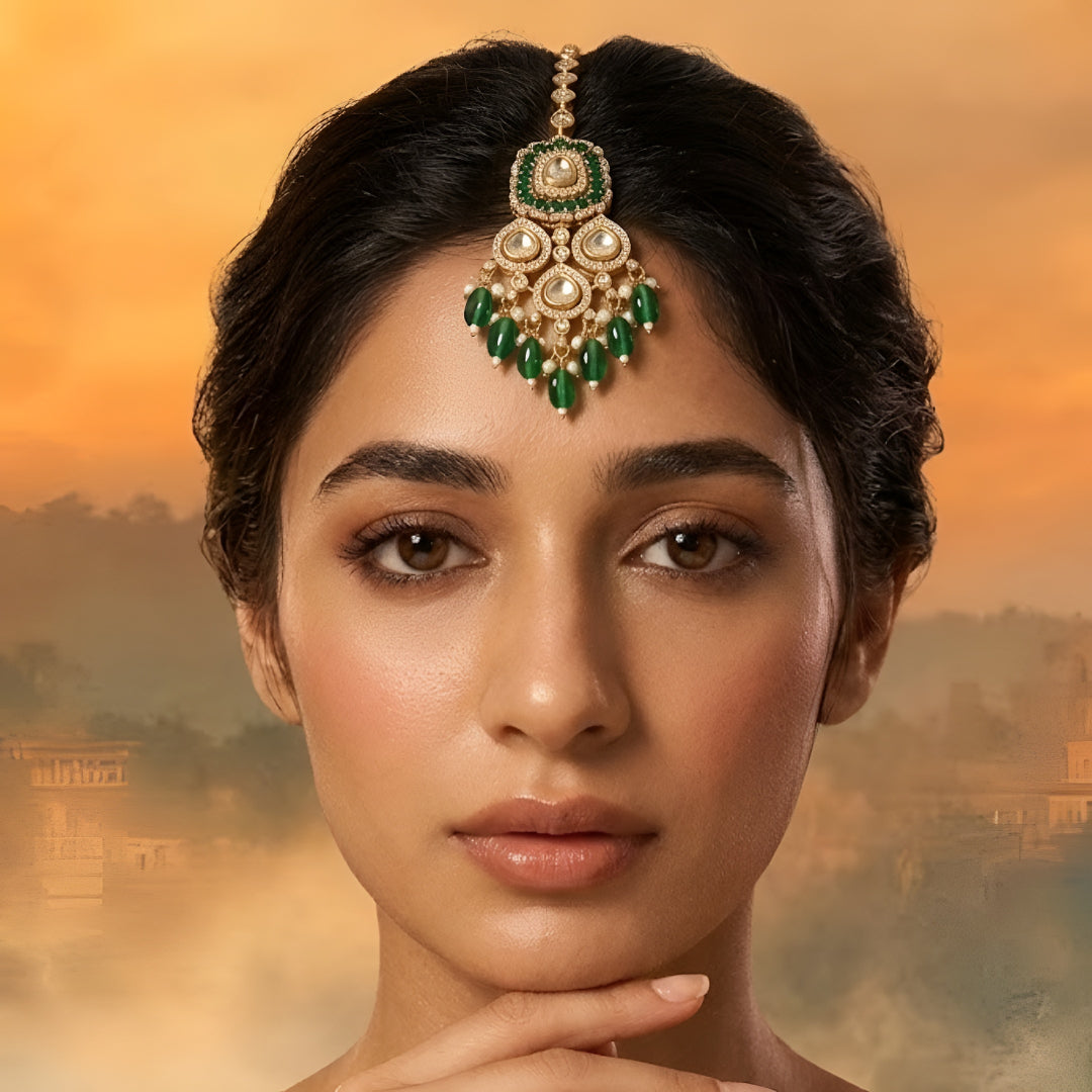 Gold-toned Kundan maang tikka with green stones, teardrop crystals, pearl accents, and dangling green beads for bridal and festive wear.