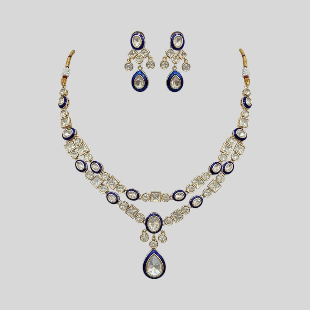 Traditional Blue Kundan Necklace & Earrings Set
