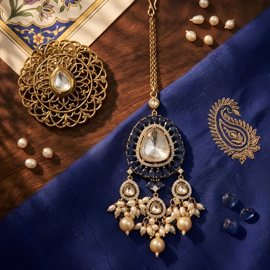 Royal Blue Kundan Pearl Maang Tikka with Gold-Plated Finish for Bridal and Traditional Ethnic Wear