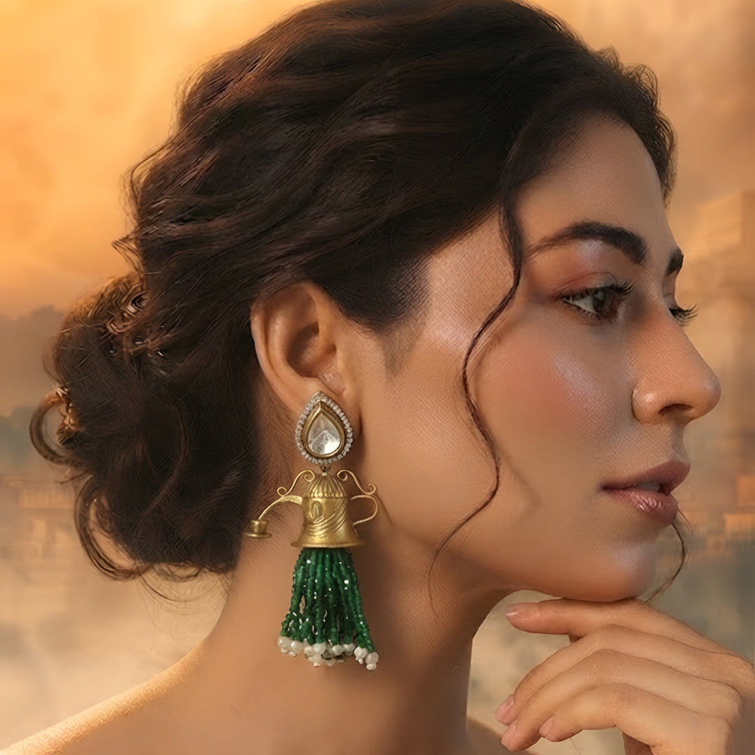 Antique Gold Shivling Temple Bell Tassel Earrings with Green Beads & Kundan Stone | Traditional Ethnic Statement Earrings for Women