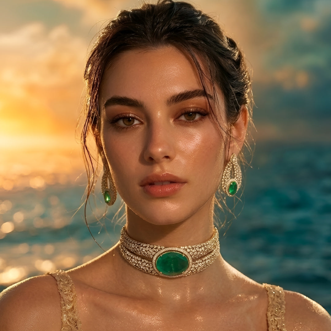 Luxury emerald green stone choker necklace set with sparkling Polki-inspired crystals and matching drop earrings for bridal and wedding jewelry.