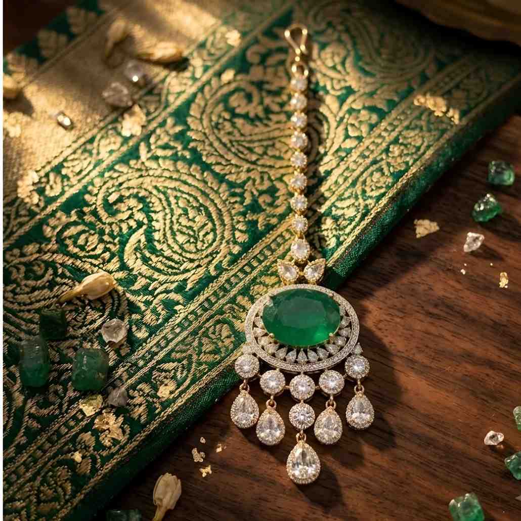 Luxury Green Stone Polki Bridal Maang Tikka with American Diamond Stones and Gold Finish for Wedding & Festive Wear.