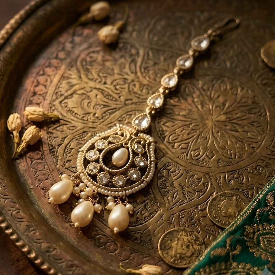 Gold plated pearl Kundan maang tikka with white stones and pearl drop danglers for bridal, wedding, and festive wear.
