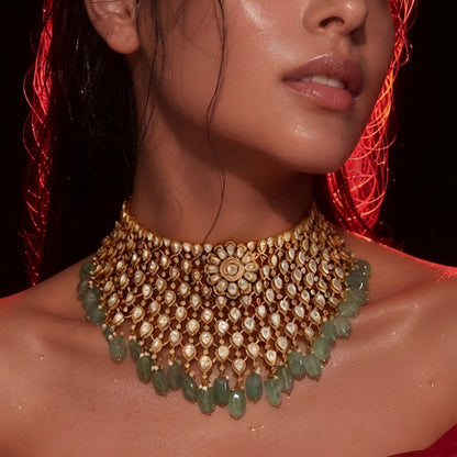 Kundan gold-plated bridal necklace set with green beads and pearl drops