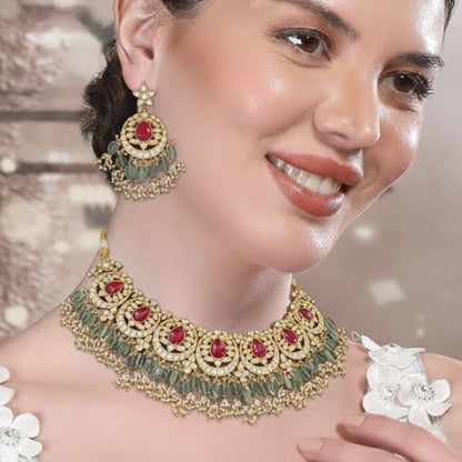 Designer Kundan & Ruby Stone Choker Necklace Set with Green Beads & Earrings