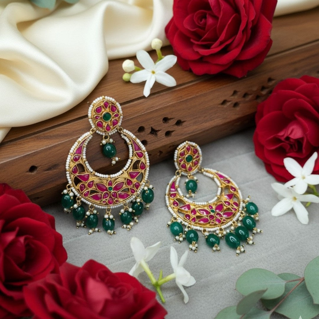Gold-Plated Meenakari Chandbali Earrings with Green Beads and Pink Enamel Work