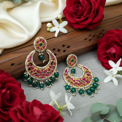 Gold-Plated Meenakari Chandbali Earrings with Green Beads and Pink Enamel Work
