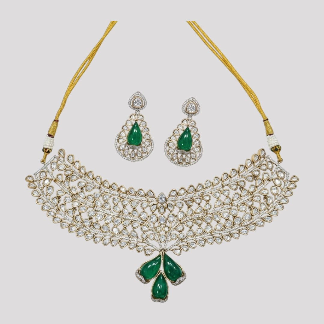 “Kundan choker necklace set with green teardrop stones and matching earrings – traditional bridal jewellery for women.”