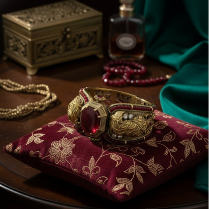 Antique Gold-Plated Green Stone Statement Cuff Bracelet for Women