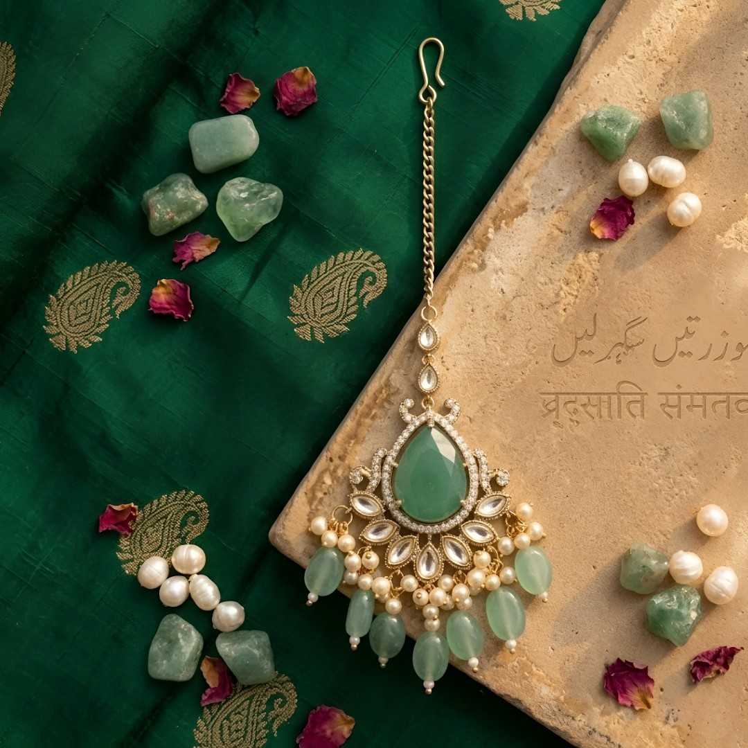 Gold-tone bridal maang tikka featuring a pear-shaped green stone, crystal floral detailing, pearl accents, and green bead drops for traditional Indian wedding jewelry.