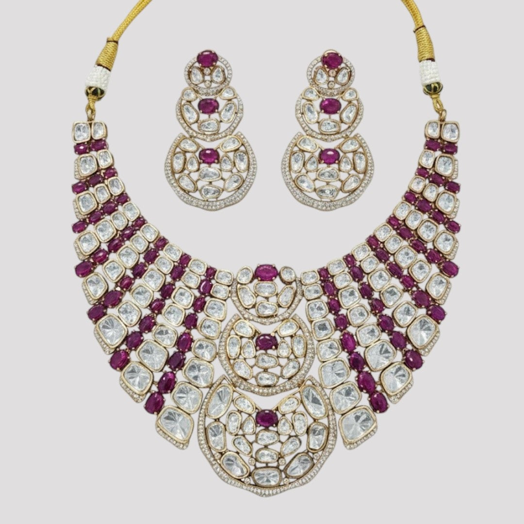 “Bridal Kundan choker necklace set with Polki stones and ruby red gems, matching earrings”