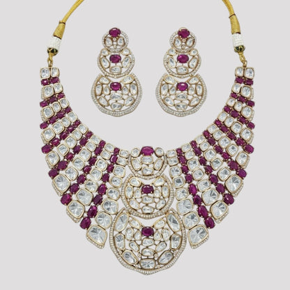 “Bridal Kundan choker necklace set with Polki stones and ruby red gems, matching earrings”