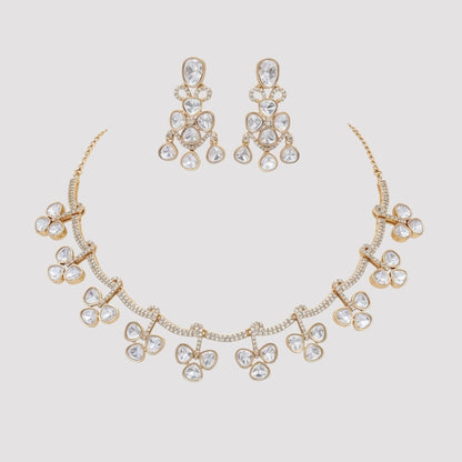 "Gold-plated Kundan necklace and earrings set for women with tear-drop stones"