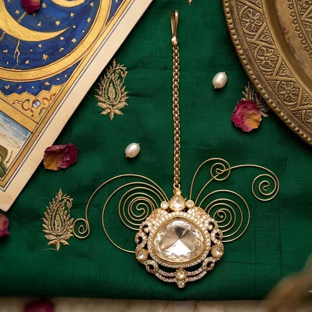 Elegant gold-tone crystal bridal maang tikka with intricate filigree design and large clear stone centerpiece for weddings and festive wear.