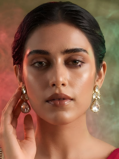 "Gold-plated teardrop crystal earrings with leaf cluster design and pear-shaped CZ drop, elegant party wear earrings on white background"