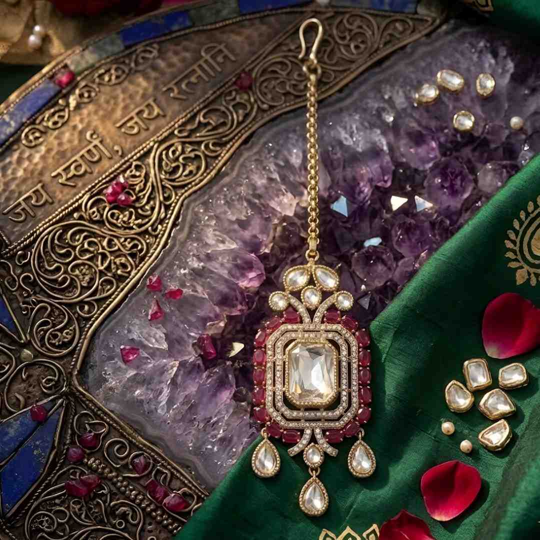 Gold-plated Kundan Maang Tikka featuring a rectangular white crystal centerpiece, ruby red stones, and elegant teardrop danglers for bridal and festive wear.