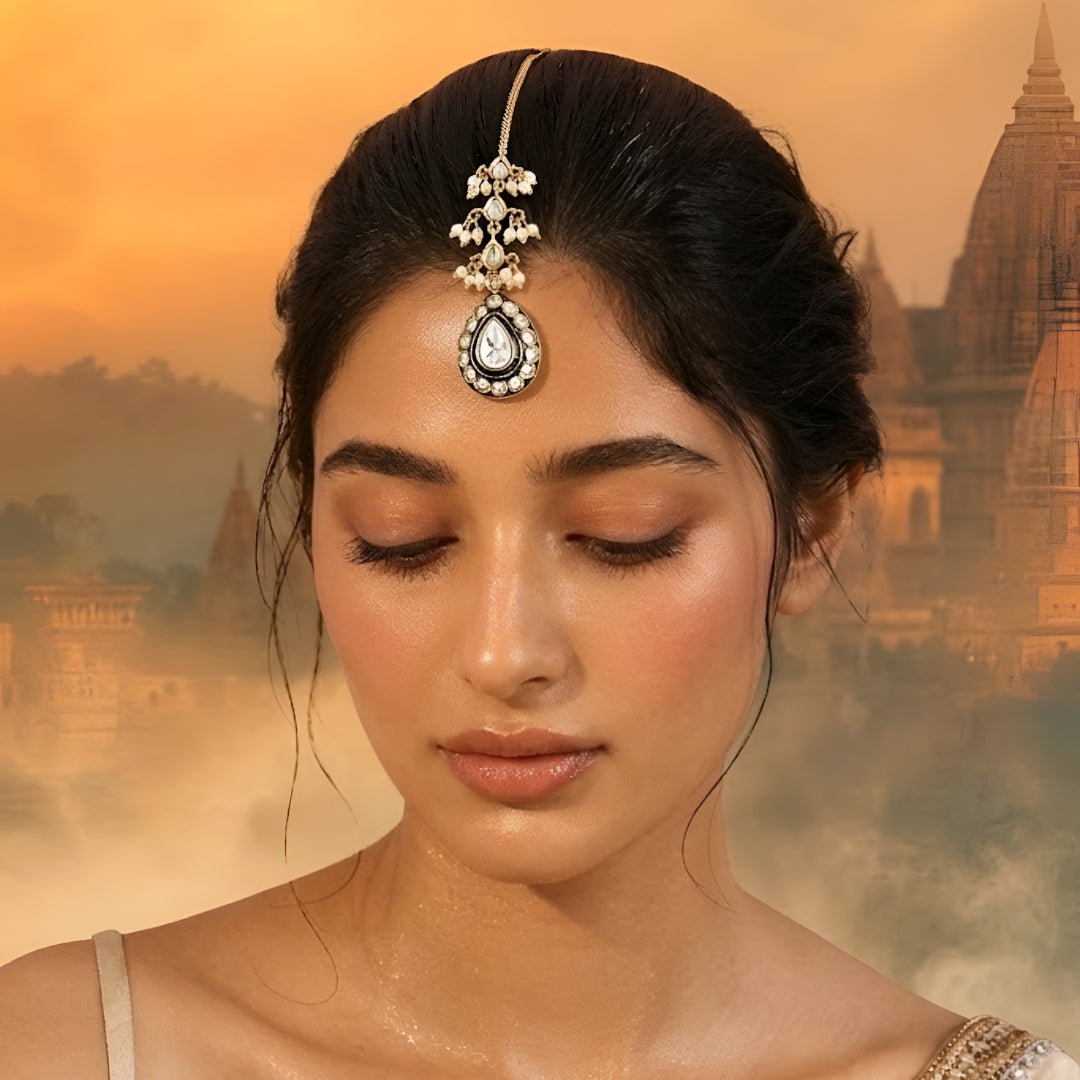 Gold-toned black enamel Kundan teardrop maang tikka with faux pearl bead clusters for bridal, wedding, and festive wear.
