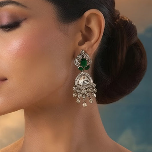 Emerald Green Kundan Statement Earrings with American Diamonds | Gold-Plated Bridal Chandbali Earrings for Women
