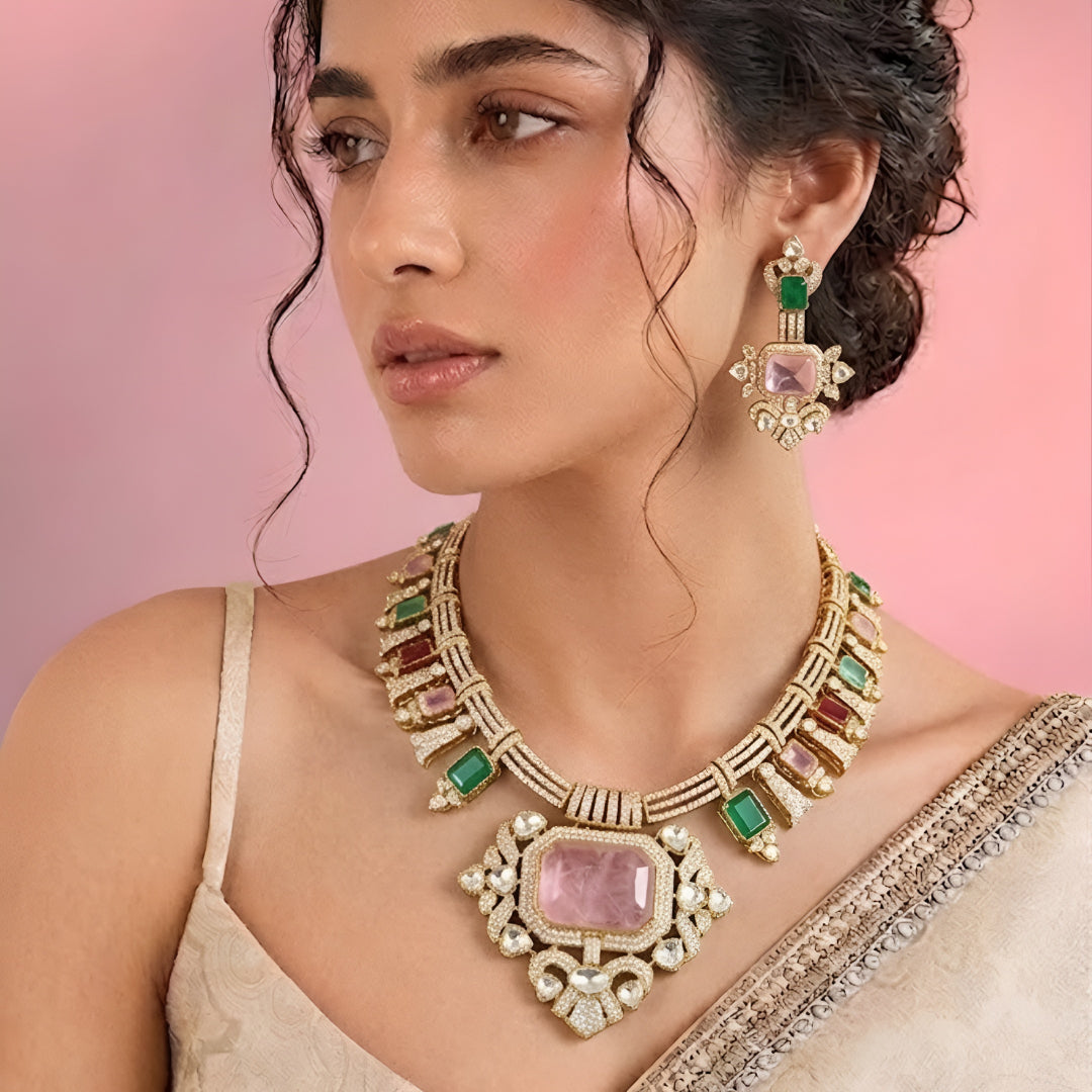 Multicolor tourmaline style necklace set with matching earrings in gold plating by Auraa Trends