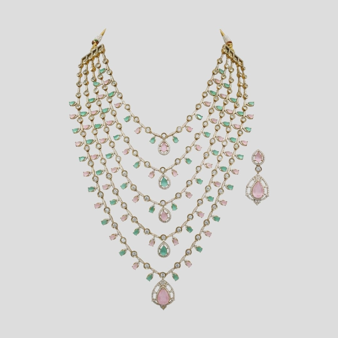 Premium Multi-Layered Kundan Necklace Set with Pastel Pink & Green Stones