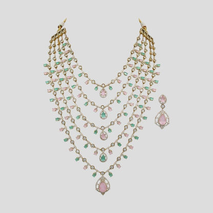 Premium Multi-Layered Kundan Necklace Set with Pastel Pink & Green Stones