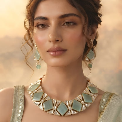 Mint green geometric necklace set with matching earrings and gold plating by Auraa Trends