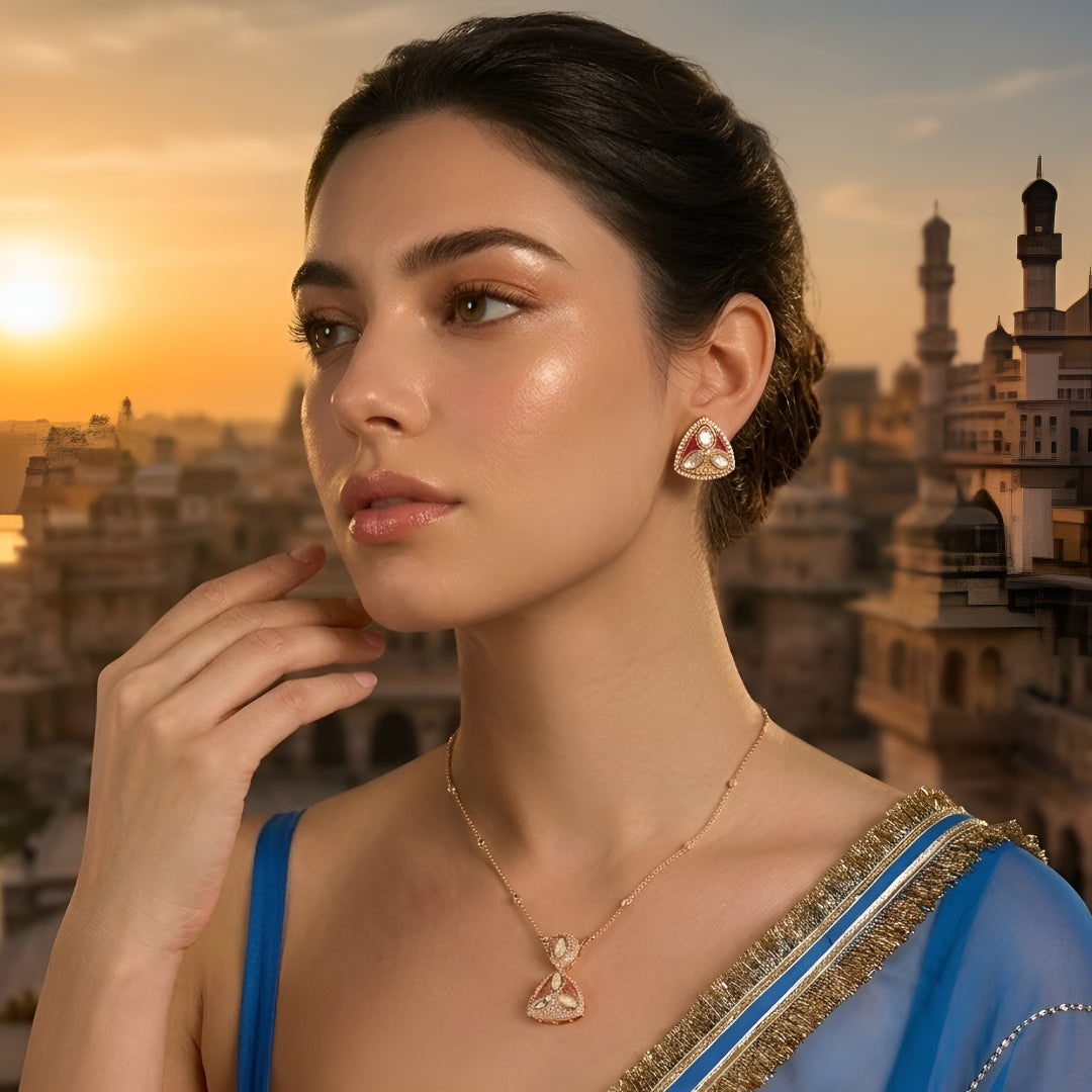 Gold Plated Pink Kundan Pendant Necklace Set with Matching Stud Earrings for Women Traditional Ethnic Jewelry