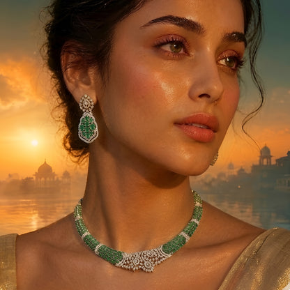 Silver-toned emerald green crystal choker necklace set featuring sparkling stone detailing and matching statement drop earrings on a white background.