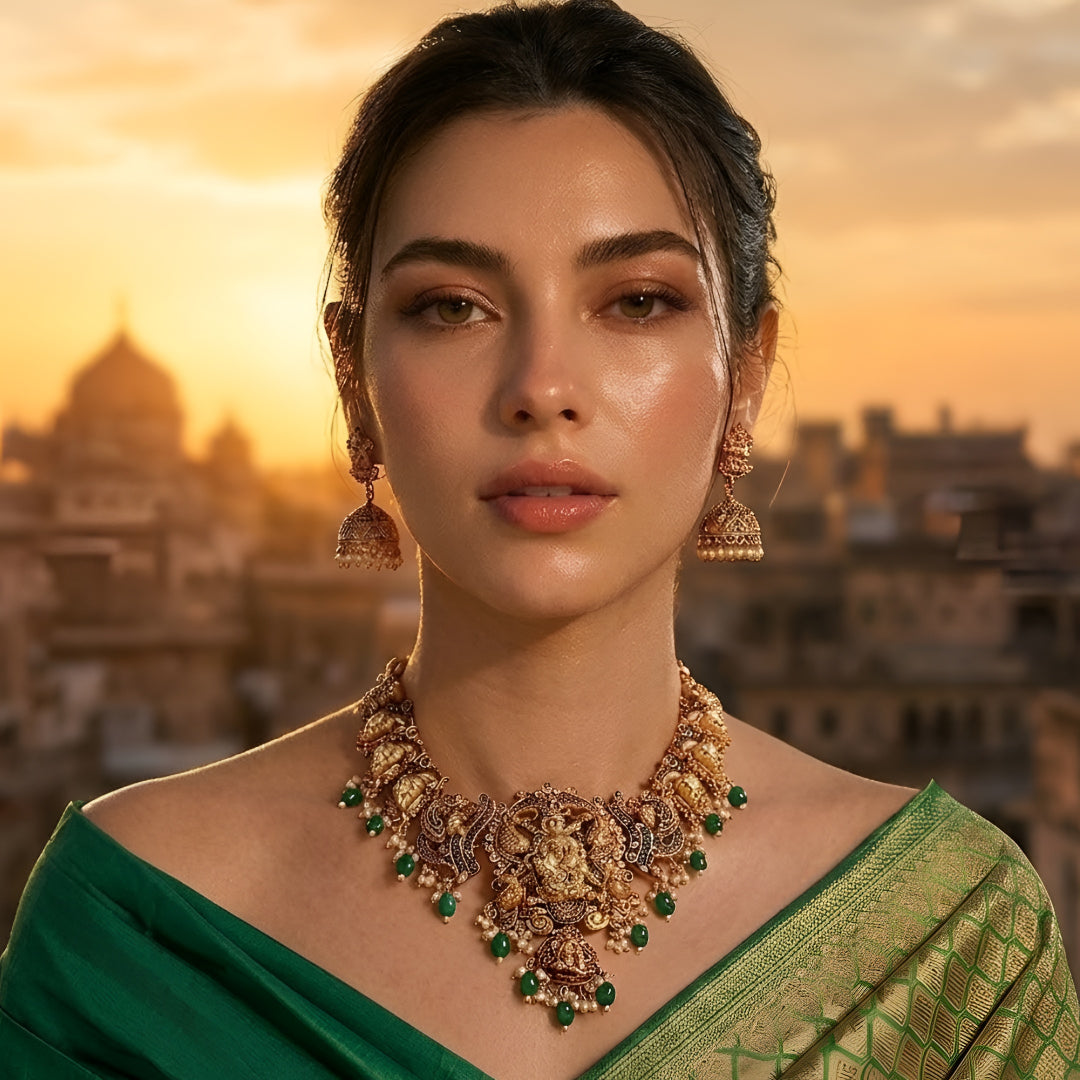 Traditional South Indian Temple Jewellery Lakshmi Necklace Set with matching Jhumka Earrings, antique gold finish, green bead drops, and ruby stone embellishments for bridal and festive wear.