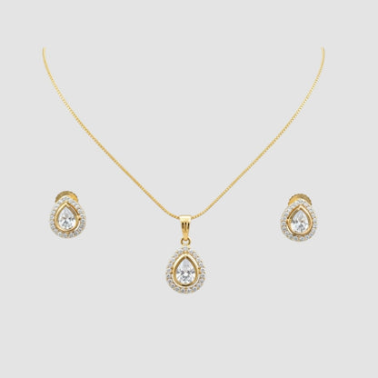 Gold-plated teardrop crystal pendant necklace set with matching teardrop earrings