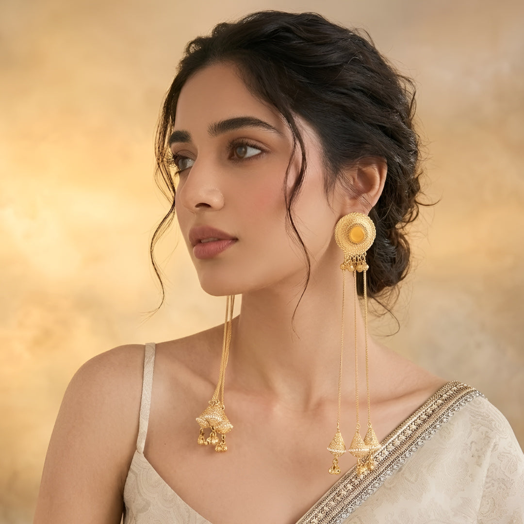 Traditional Gold Plated Long Chain Jhumka Tassel Earrings for Women