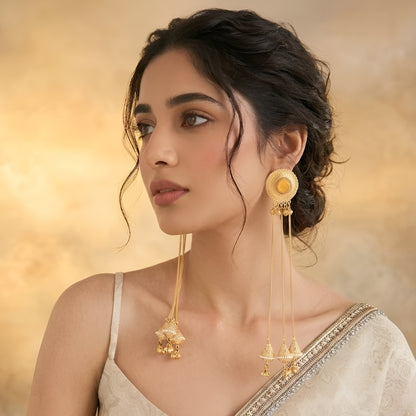 Traditional Gold Plated Long Chain Jhumka Tassel Earrings for Women