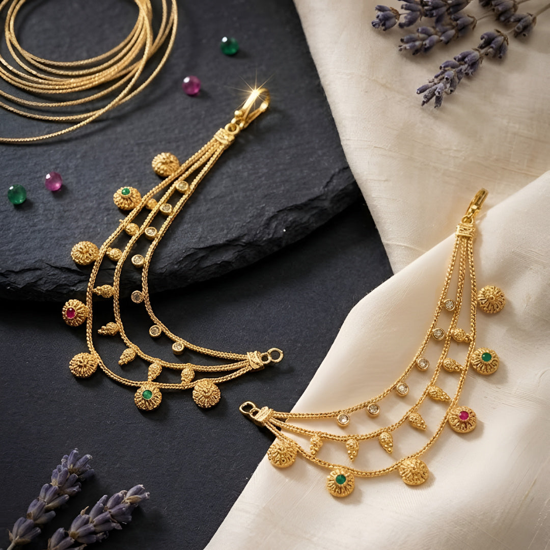 Traditional gold plated layered Kaan Chain with floral charms and red green stone accents for women, ideal for bridal wear, weddings, festive occasions, and ethnic outfits.