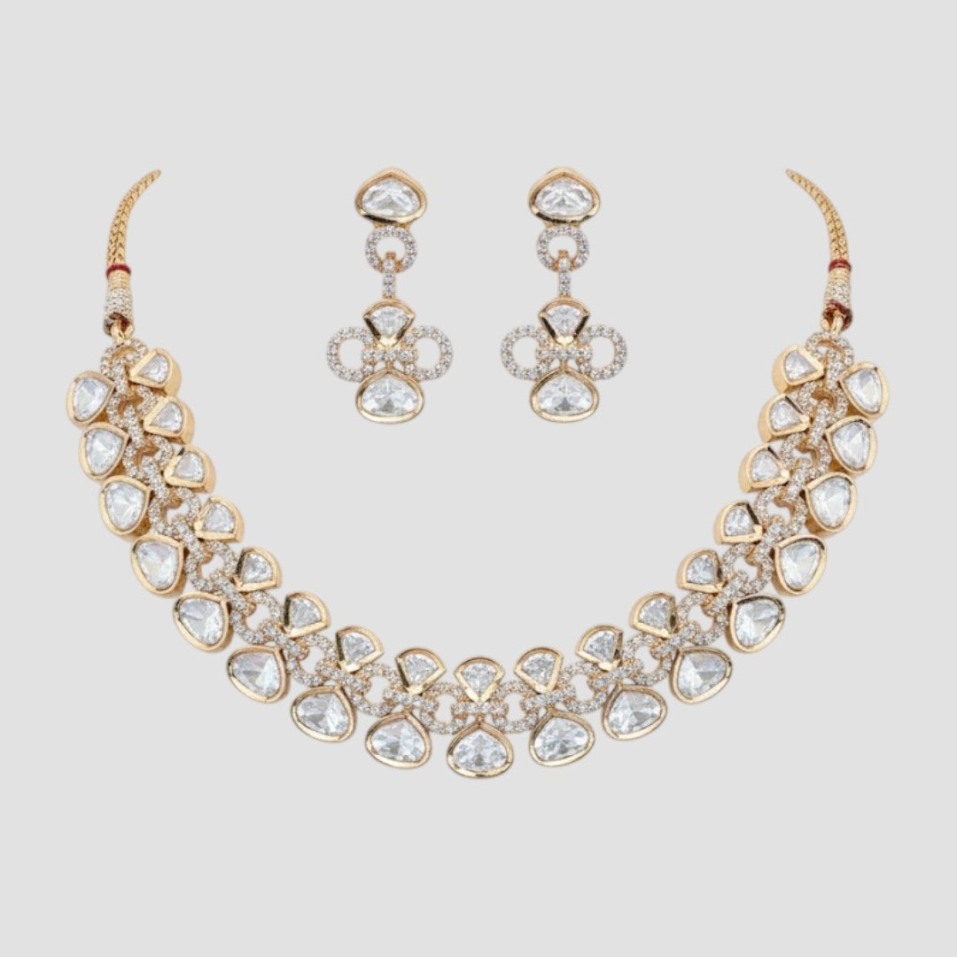"Gold-plated Kundan necklace set with teardrop stones and matching earrings for women"